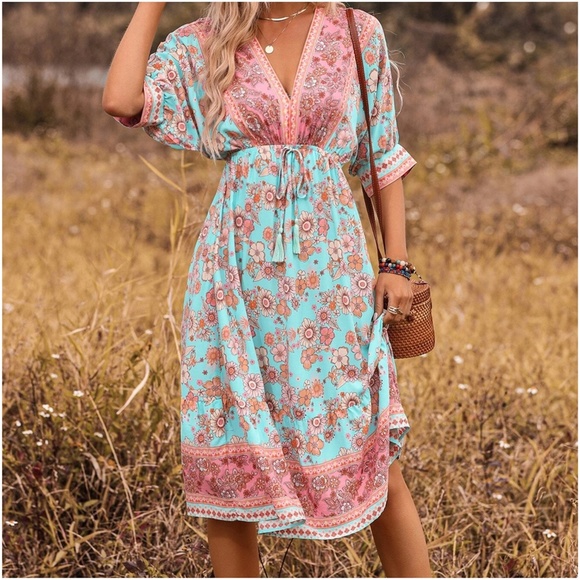 Dresses & Skirts - Boho Floral Print Batwing Sleeve V neck Summer Dress